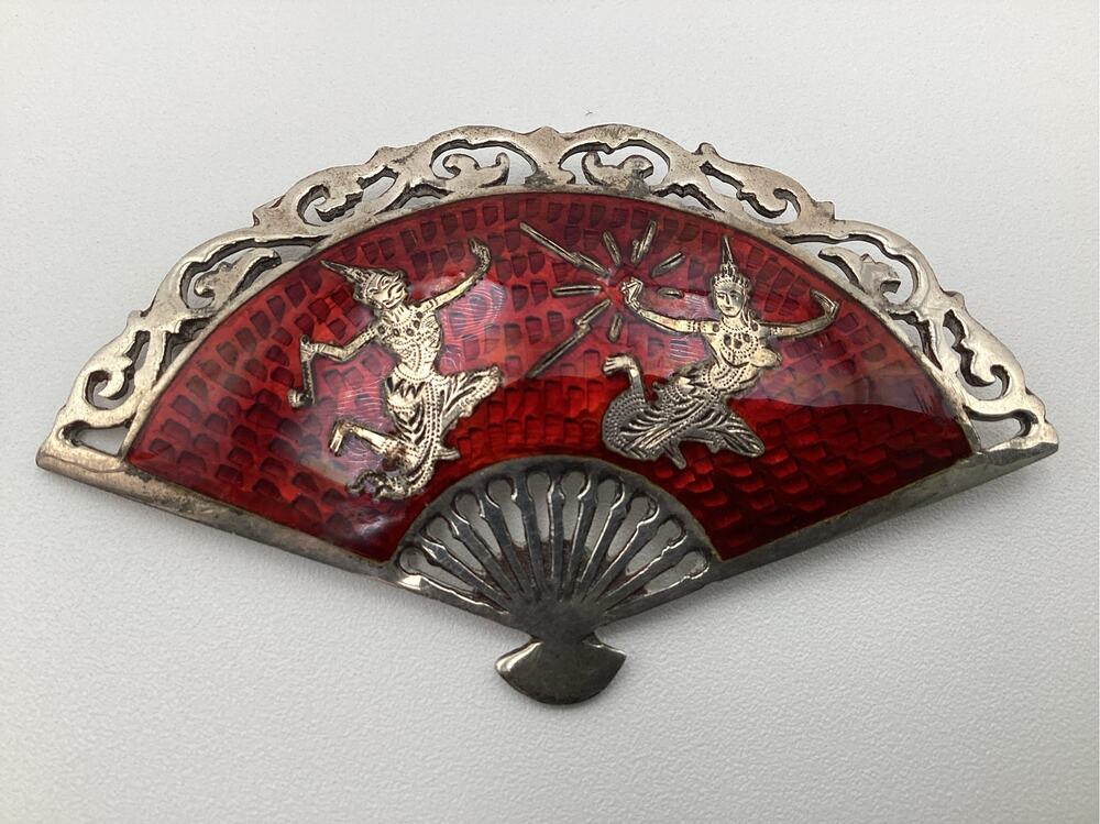 Vintage Siam Sterling Silver Red Enamel Fan Brooch Mekkala Ramasoon Pin 925